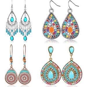 4 Pairs Multicolored Boho‎ Bohemian Earrings Boho Dangle Drop Earrings Pack Set